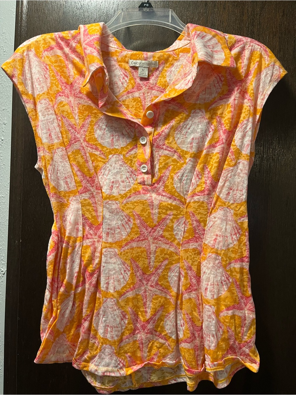 Cato Pink & Orange Shell-Print Cap Sleeve Polo Top